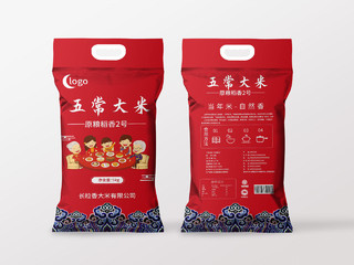 红色中国风创意五常大米包装袋设计